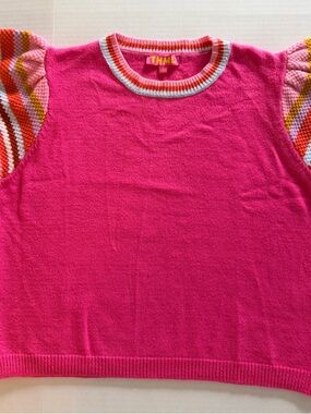 THML Bright Pink Contrast Flutter Striped Ruffle Sleeve Knit Sweater Top Size L